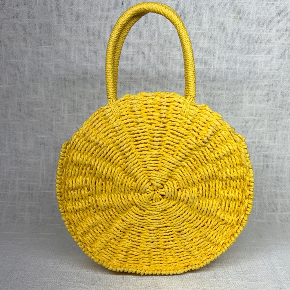 MMS Round Yellow straw Raffia Woven Handbag with zip closure and Top Handle - Picture 6 of 12